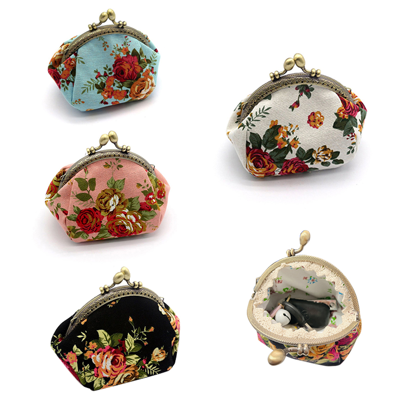 Embroidery Wallet - Women's Vintage Rose Print Canvas Coin